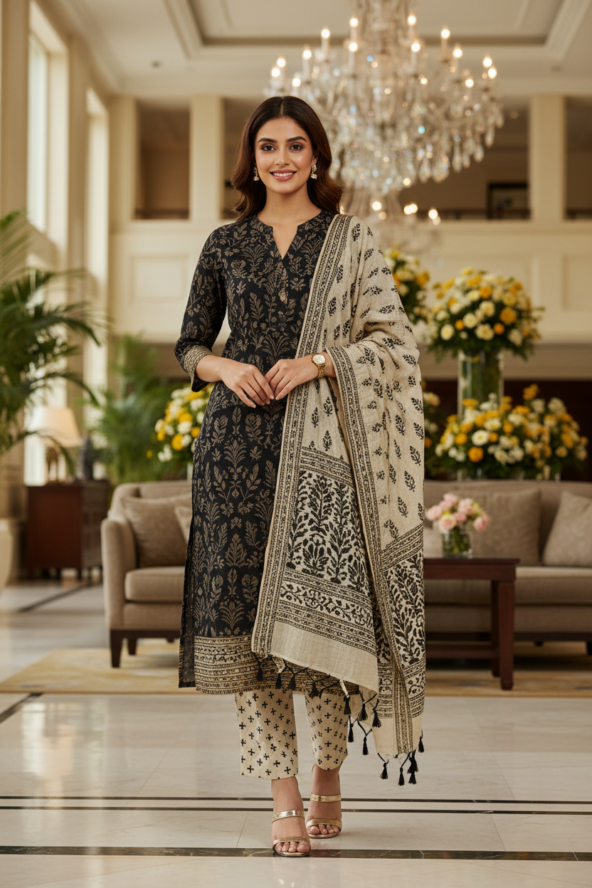Designer Hand Block Print Pure Cotton Material With Kota Doria Dupatta