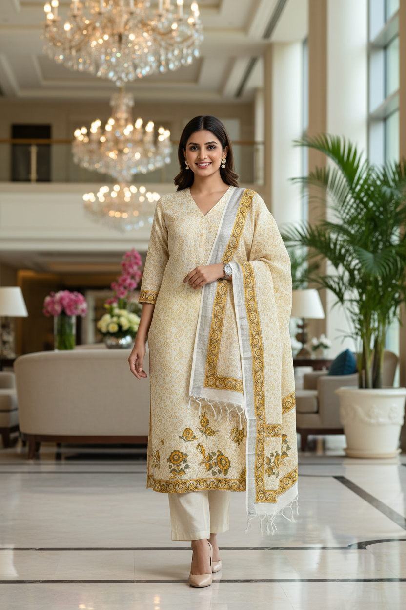 Designer Hand Block Print Pure Cotton Material With Kota Doria Dupatta