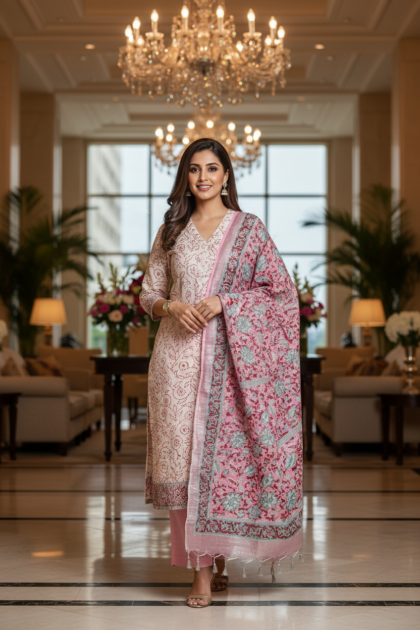 Designer Hand Block Print Pure Cotton Material With Kota Doria Dupatta