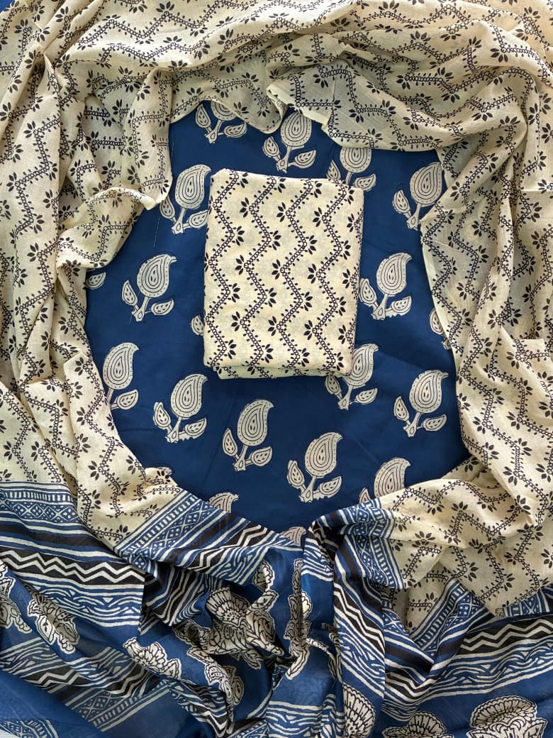 Designer Hand Block Print Pure Cotton Suit With Mulmul Dupatta