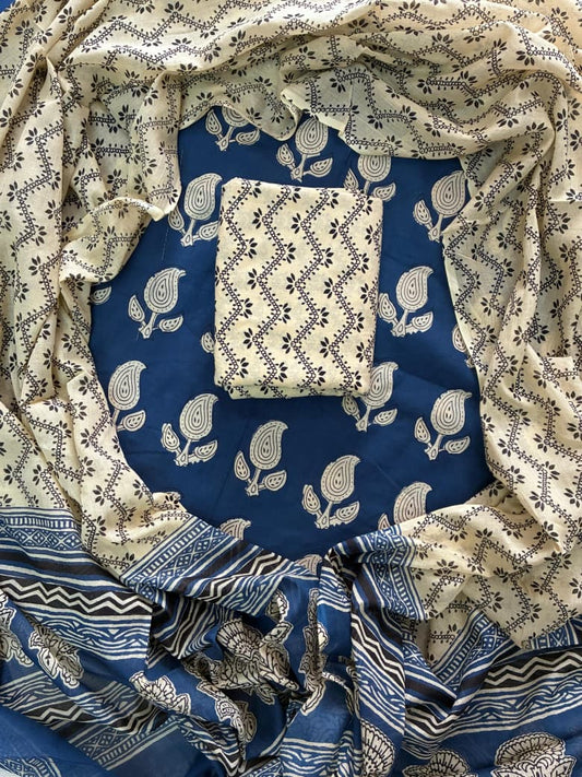 Designer Hand Block Print Pure Cotton Suit With Mulmul Dupatta