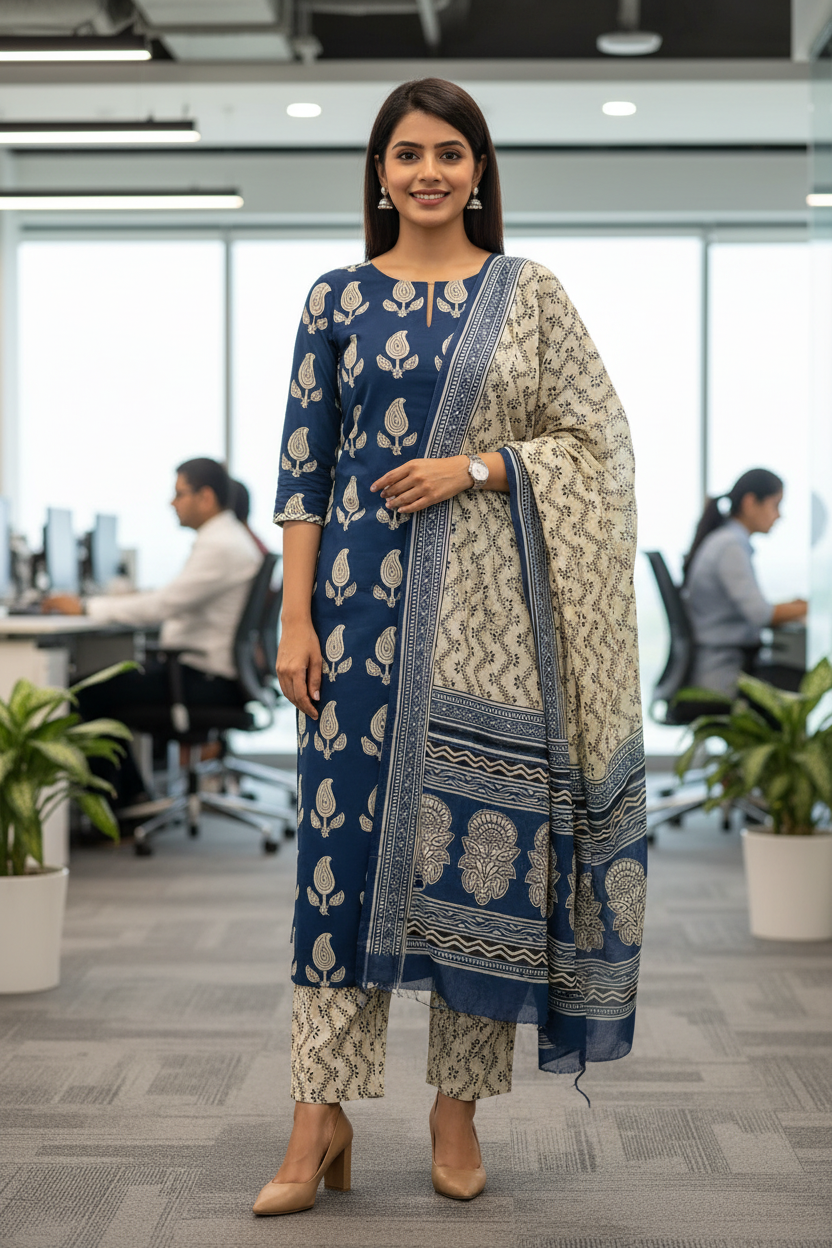 Designer Hand Block Print Pure Cotton Suit With Mulmul Dupatta