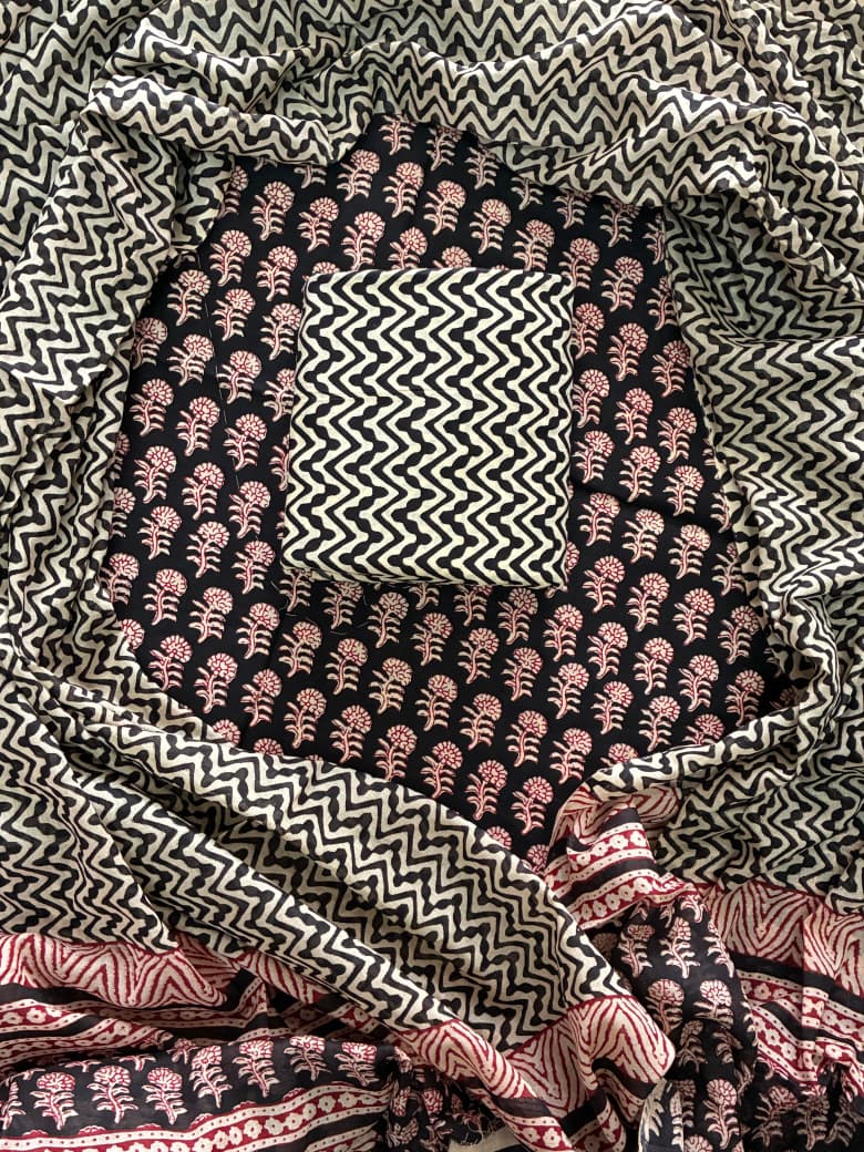 Designer Hand Block Print Pure Cotton Suit With Mulmul Dupatta