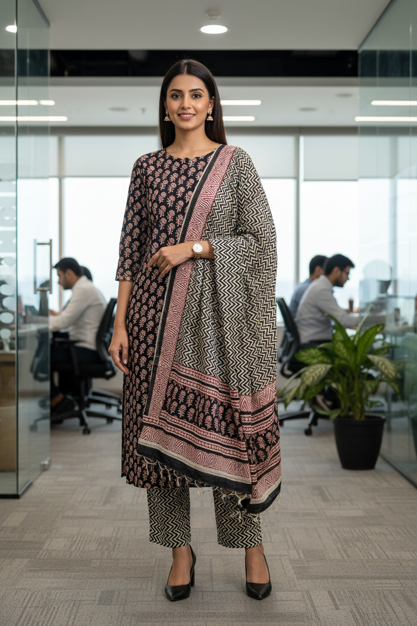 Designer Hand Block Print Pure Cotton Suit With Mulmul Dupatta