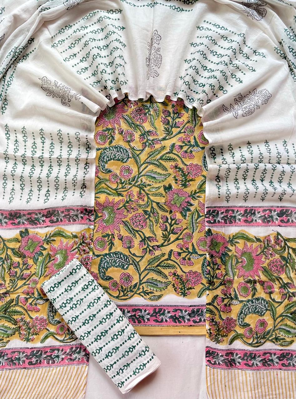 Designer Hand Block Print Pure Cotton Suit With Mulmul Dupatta