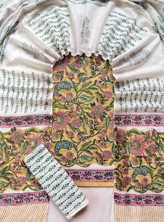 Designer Hand Block Print Pure Cotton Suit With Mulmul Dupatta