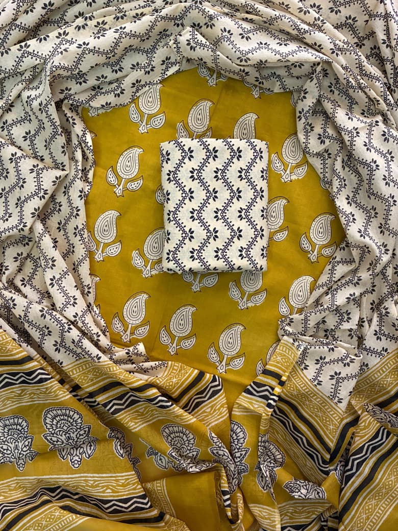 Designer Hand Block Print Pure Cotton Suit With Mulmul Dupatta