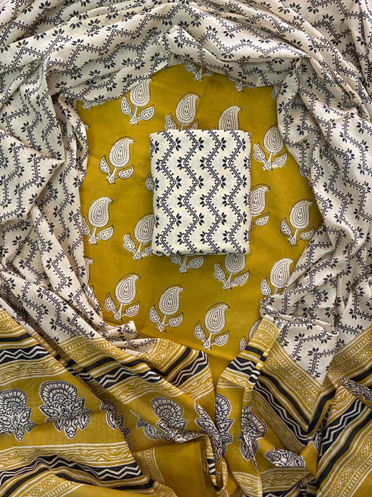 Designer Hand Block Print Pure Cotton Suit With Mulmul Dupatta